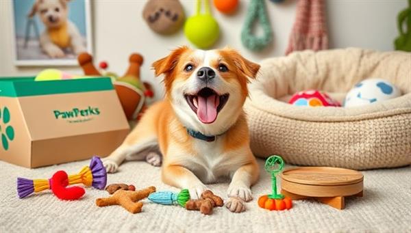 A joyful pet playing with toys and treats from a PawsPerks subscription box, surrounded by colorful pet accessories and a cozy pet bed, capturing the delight and excitement of pets and their owners receiving personalized surprises each month.