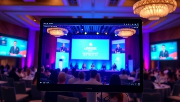 An engaging virtual event setup on a computer screen, displaying a vibrant virtual conference hall with interactive features, engaging attendees, and dynamic presentations, creating a sense of excitement and networking.