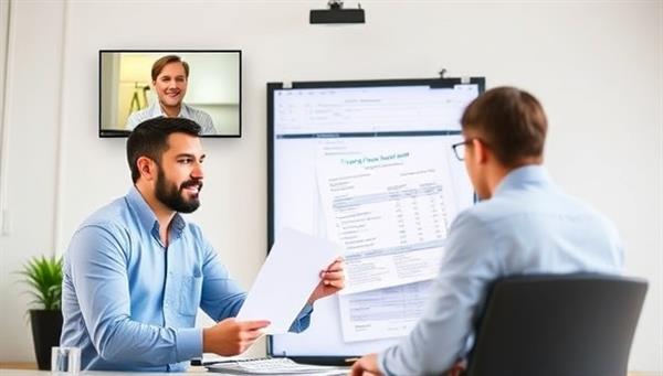 A virtual meeting setup with a tax consultant on a video call with a client, both engaged in discussing tax strategies while digital tax forms and calculators are visible on the screen, representing remote tax planning services.