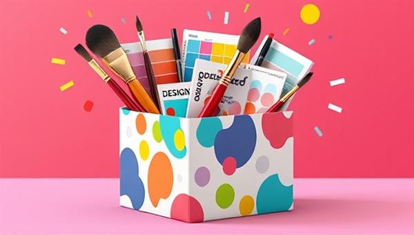 A vibrant and colorful box bursting with various design elements like brushes, color swatches, and design magazines, symbolizing creativity and inspiration.