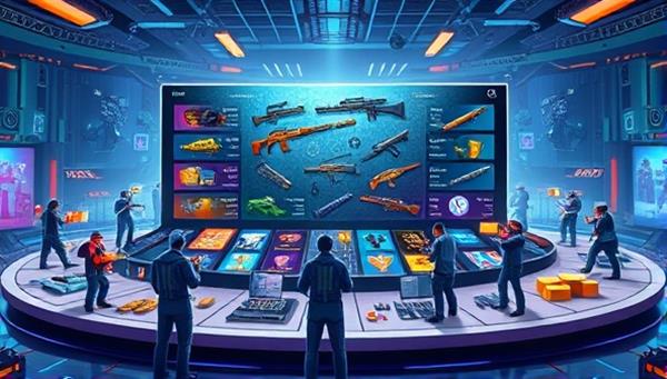 An illustrative scene showcasing a diverse array of digital gaming assets like skins, weapons, and virtual currencies displayed on a futuristic marketplace platform, surrounded by digital avatars engaging in virtual trading and transactions, illustrating the concept of a dynamic digital asset marketplace.