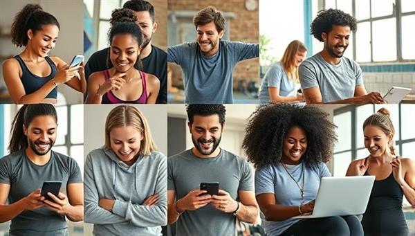 A dynamic collage featuring diverse individuals engaging in virtual training sessions with fitness coaches through smartphones and laptops, showcasing convenience and inclusivity.