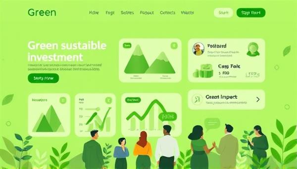 An eco-friendly platform design with vibrant green visuals, showcasing various sustainable investment opportunities, alongside a diverse group of investors engaging in discussions on sustainable finance and impact metrics, symbolizing a community-driven approach to green investing.