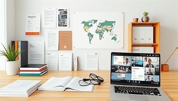 A digital workspace showcasing language learning materials, international business documents, and virtual meeting setups, illustrating the integration of language coaching into professional contexts for enhanced communication skills and global networking.