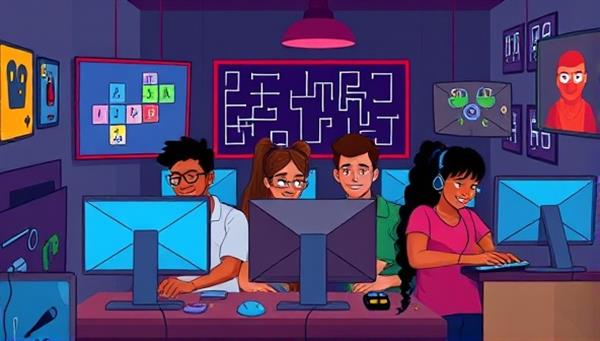 An engaging digital illustration showing a group of diverse individuals solving puzzles together on their computers in a virtual escape room setting, capturing the excitement and teamwork of the experience.