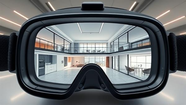 A virtual reality headset displaying an immersive architectural walkthrough of a modern building, with interactive features allowing users to explore different rooms, designs, and finishes, showcasing the captivating and realistic experience of VR Architectura
