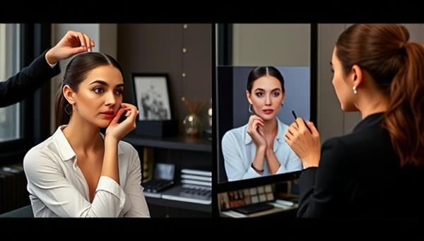 A split-screen image showing a professional makeup artist conducting a virtual masterclass, demonstrating a makeup technique with a model on one side and providing instructions to participants on the other, creating an interactive online learning experience.