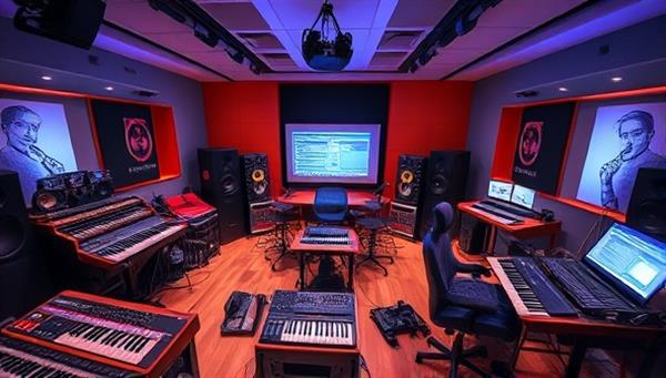 An immersive virtual music production studio setup with participants experimenting with synthesizers, MIDI controllers, and audio interfaces, surrounded by musical instruments and studio equipment, creating a creative and inspiring learning environment for music enthusiasts.