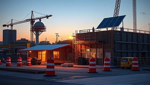 A construction site at dusk featuring solar-powered construction signage lighting up the work area, with safety cones and equipment visible under the energy-efficient glow, highlighting the functionality and eco-friendly nature of the solar-powered signage.