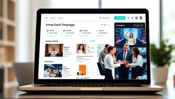 An interactive virtual event planning dashboard with event templates, vendor options, and a team of virtual event planners collaborating on a laptop screen, showcasing efficiency and creativity in virtual event management.