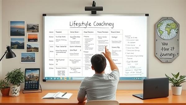 An online lifestyle coaching session with a digital nomad coach guiding a client through a digital nomad lifestyle plan on a virtual whiteboard, surrounded by travel photos, work setups, and inspiring quotes, creating a sense of freedom and adventure in the nomadic lifestyle journey.