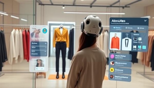 An AI-powered shopping assistant showcasing a user trying on virtual outfits and accessories in a digital dressing room, with style suggestions and personalized recommendations displayed on the screen, creating a seamless and interactive shopping experience through AI technology.