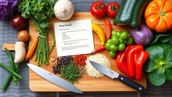 A vibrant kitchen scene with colorful fresh vegetables, herbs, and spices neatly arranged on a wooden cutting board, with a chef