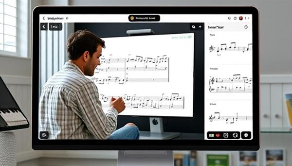 An image of a virtual music lesson taking place on the MelodyMentor Online platform, with a mentor guiding a student through a musical piece on a digital interface, showcasing the personalized and interactive nature of the mentorship experience.