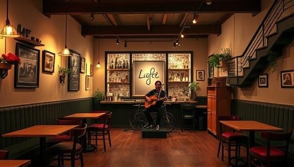 An aesthetically pleasing cafe interior with cozy seating areas, a small stage for performances, and a talent scout engaging with a performer, creating a vibrant and artistic atmosphere.