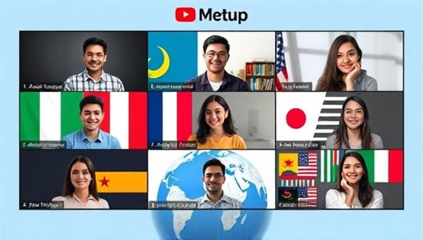 An international virtual meetup scene with diverse individuals engaging in language exchange conversations via video calls, represented by flags of different countries, language learning materials, and a globe symbolizing global connectivity and cultural exchange.