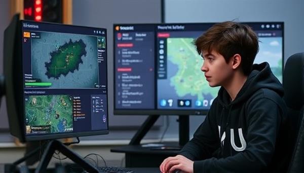An image depicting a professional gamer mentoring a younger player, with a split screen showing gameplay analysis, strategy discussions, and skill improvement tips, conveying the concept of personalized coaching and skill development.