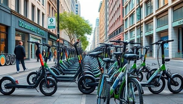 An engaging image of a bustling city street with electric scooters and bicycles lined up for use, showcasing a vibrant and eco-conscious urban lifestyle.