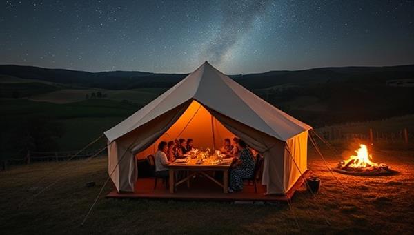 A luxurious glamping tent nestled amidst rolling hills and lush farmland, with guests enjoying a farm-to-table dinner by candlelight, a bonfire glowing in the background, and a starry night sky overhead, epitomizing the essence of agri-tourism luxury in a natural paradise.