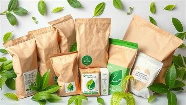 An artistic representation of biodegradable packaging materials in various shapes and sizes, surrounded by green leaves and eco-friendly symbols, conveying the message of sustainability and environmental responsibility.