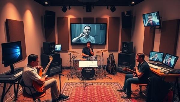 A virtual music studio environment with musicians from different locations collaborating on a music project, surrounded by instruments, recording equipment, and digital interfaces, illustrating the platform