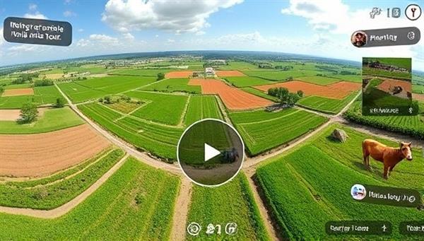 A dynamic virtual tour interface showcasing a panoramic view of a lush farm landscape with interactive elements highlighting different agricultural activities, such as planting, harvesting, and animal husbandry, immersing users in the vibrant world of FarmVista Tours
