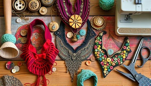 An artistic composition featuring a collection of upcycled fashion accessories displayed on a rustic wooden table, surrounded by colorful fabric scraps, vintage buttons, and sewing tools, embodying the essence of sustainable fashion creativity.