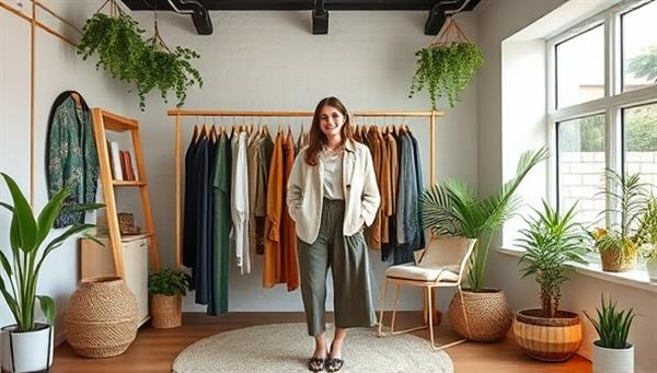 An immersive virtual sustainable fashion studio with a stylist showcasing eco-friendly outfits, sustainable accessories, and ethical fashion brands, creating a visually appealing and eco-conscious atmosphere, representing online sustainable fashion consulting.
