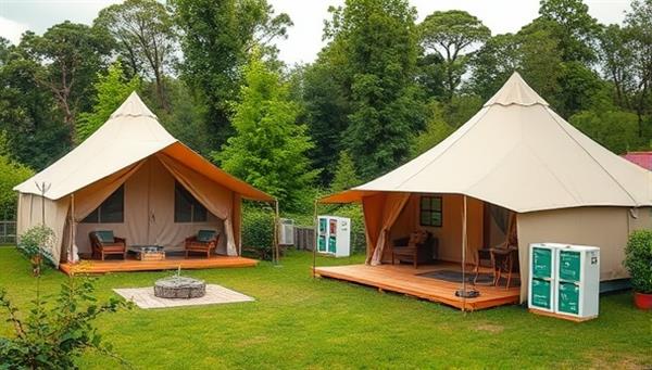 A serene glamping site with luxurious tents nestled among lush greenery, solar panels for energy, and recycling stations, showcasing a harmonious blend of comfort and sustainability in nature.