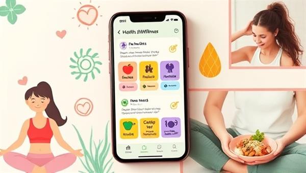An engaging mobile app interface displaying vibrant health and wellness icons, progress trackers, and reward notifications, surrounded by images of active individuals engaging in fitness, meditation, and healthy eating, conveying a holistic approach to wellness and insurance incentives.
