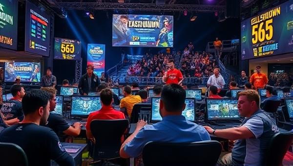 An intense gaming competition scene featuring players engrossed in a skill-based tournament, with digital scoreboards, cheering spectators, and a cash prize display, capturing the competitive and rewarding atmosphere of SkillShowdown Arena.