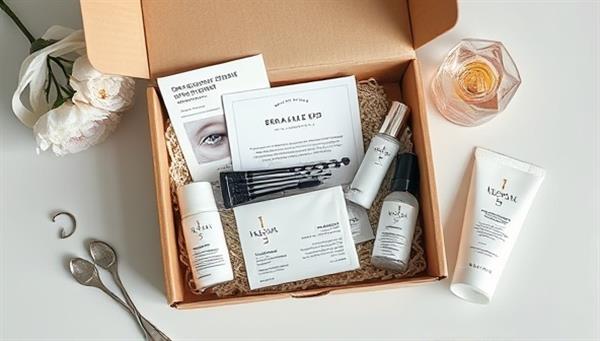 An artistic flat lay image featuring a beautifully arranged skincare box with personalized products, skincare tools, and a custom skin analysis card, highlighting the curated and individualized nature of the subscription service.