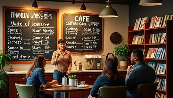 An inviting and cozy cafe setting with a chalkboard menu featuring financial workshop schedules, a barista serving coffee to a group of attendees engaged in a budgeting session, and a shelf of financial literacy books, fostering a relaxing and educational atmosphere.