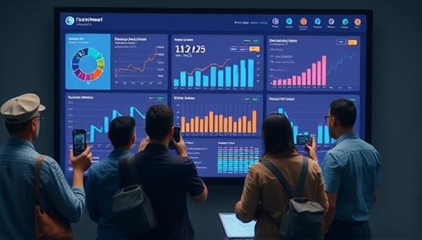 A digital dashboard interface displaying real-time government performance metrics, budget allocations, and public expenditures, surrounded by engaged citizens and journalists analyzing data visualizations, symbolizing transparency and accountability in governance.