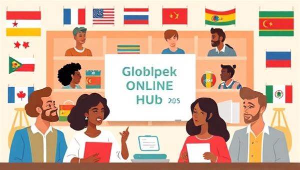 A digital illustration of diverse individuals engaging in a virtual language exchange session, practicing pronunciation, vocabulary, and conversational skills in different languages, surrounded by cultural symbols and flags, symbolizing the rich and immersive language learning experience offered by GlobalSpeak Online Hub.