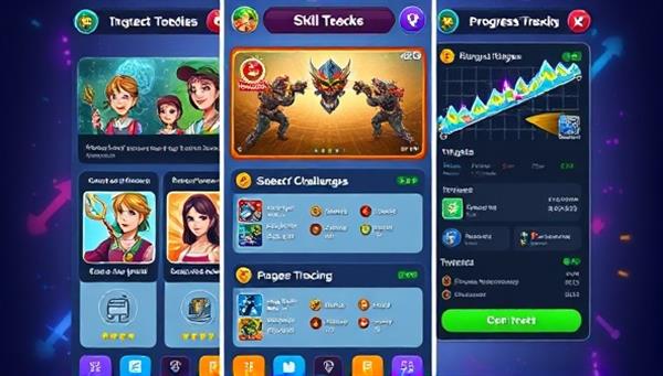 An engaging app interface showcasing interactive tutorials, skill challenges, and progress tracking features, with colorful visuals, intuitive controls, and motivational prompts to encourage users to level up their gaming abilities, enhancing the gaming experience.