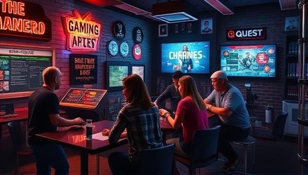 An artistic representation of a group of players collaborating to solve puzzles and unlock mysteries in a gaming-themed escape room setting with interactive elements, digital displays, and immersive storytelling, capturing the excitement and challenges of the experience at Quest Escape Gamers.