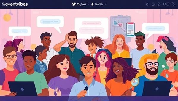 A vibrant digital illustration of a diverse group of avatars participating in a virtual event, with interactive elements like chat bubbles and virtual props, showcasing the dynamic and engaging nature of EventVibe