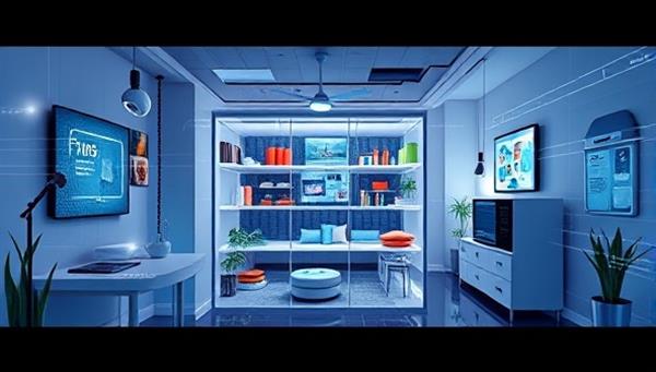 An immersive digital illustration depicting a futuristic smart home environment with interconnected devices, including voice-activated assistants, automated lighting systems, and security cameras, showcasing the seamless integration and convenience of smart living.