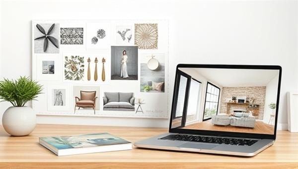 A virtual interior design consultation setup featuring a digital mood board, design samples, and a laptop showcasing a 3D room rendering, conveying creativity and innovation in online interior design services.