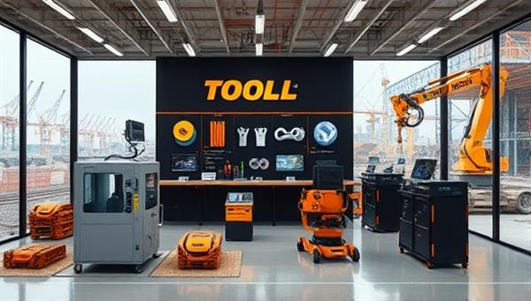 A sleek and modern tool rental depot showcasing a range of advanced construction technology devices, including 3D printers, robotic arms, and virtual reality headsets, with a backdrop of construction sites utilizing these tools in action, highlighting the innovation and efficiency benefits of high-tech construction equipment.