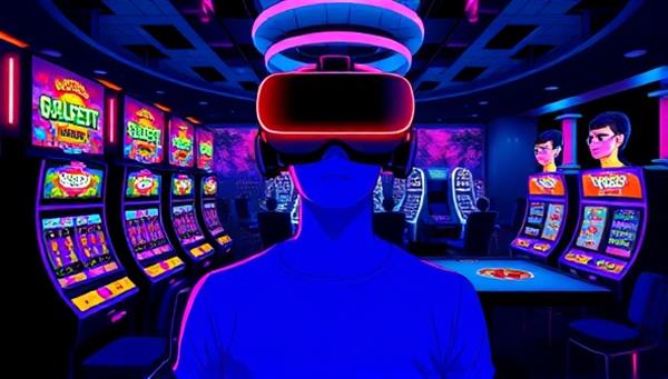 An illustration of a person wearing a VR headset inside a virtual casino, surrounded by digital slot machines, a roulette table, and other players represented as avatars, capturing the futuristic and interactive nature of the VR gambling experience.