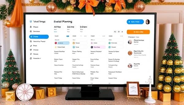 A virtual event planning dashboard displaying event timelines, guest lists, and interactive features, surrounded by festive decorations and digital event props, showcasing the versatility and creativity of virtual event planning services.