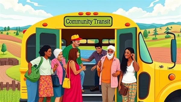 A heartwarming depiction of a diverse group of rural residents boarding a cheerful and colorful community bus with scenic countryside views in the background, highlighting the inclusivity and connectivity fostered by the VillageConnect Transit service.