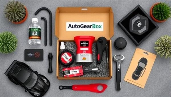 An artistic flat lay composition featuring a variety of automotive products and tools neatly arranged in a subscription box, surrounded by car-themed decorations and a sleek model car, evoking a sense of excitement and anticipation for the AutoGear Box experience.