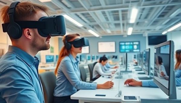 An immersive VR training scenario featuring employees in a virtual office environment undergoing interactive training exercises, symbolizing the future of employee learning through virtual reality simulations.