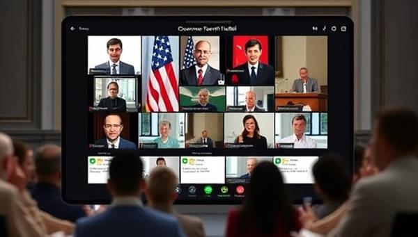 An online platform interface displaying a virtual town hall meeting with government officials engaging with residents through live video streaming, interactive polls, and chat features, creating a digital space for public discourse and decision-making.