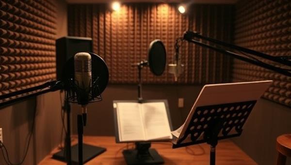 An atmospheric recording studio setup with a microphone, soundproof walls, and a script stand, capturing the essence of the creative process behind crafting storytelling podcast ads for AudioTales Ads.