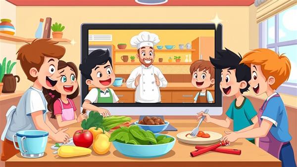 An animated and colorful online cooking class session featuring a group of kids joyfully following a chef