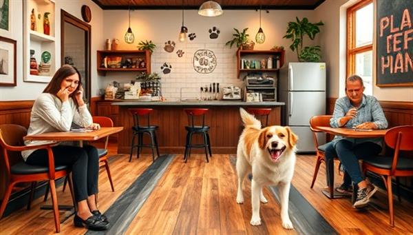 A cozy cafe setting with pet owners enjoying coffee and treats while their furry friends play in a designated pet area, featuring pet-friendly decor, paw-print motifs, and a warm and welcoming atmosphere that celebrates the bond between pets and their humans at Paws & Perks Cafe.
